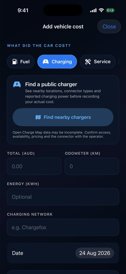Drilore charging expense entry with amount, odometer, energy and nearby charger search