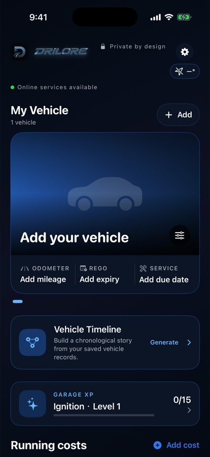 Earlier beta Garage: select the vehicle before reviewing its odometer, due dates, history and costs.